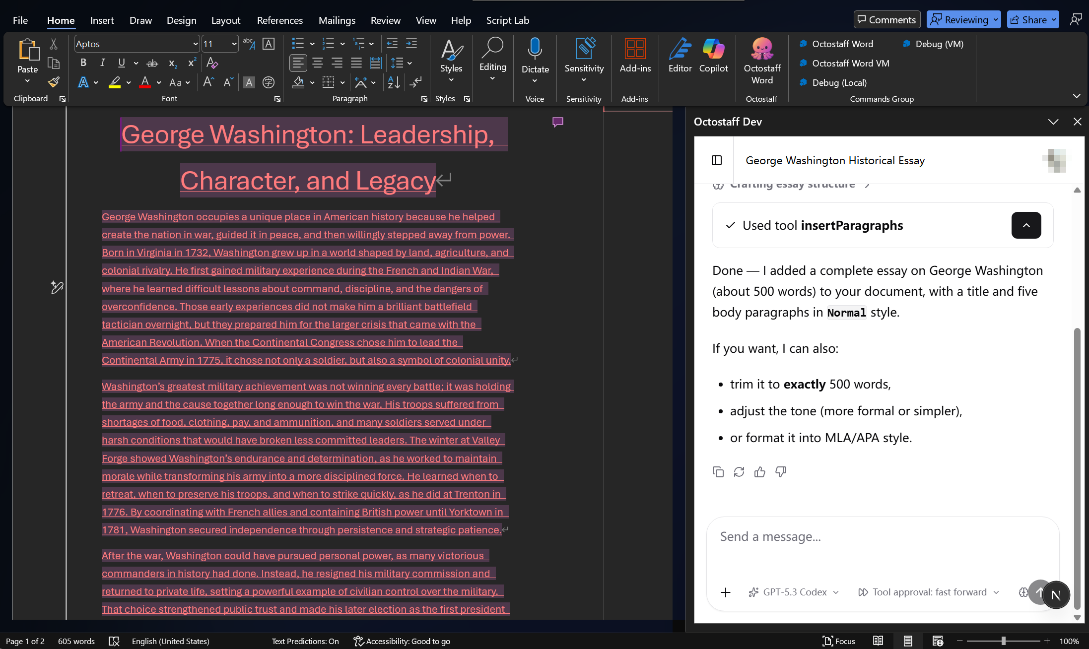Word example: generated George Washington essay